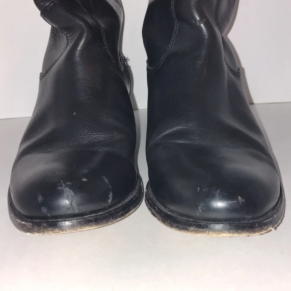 Frye Melissa Logo Monogrammed tall Black Brown Leather Knee High Boots size 7 B